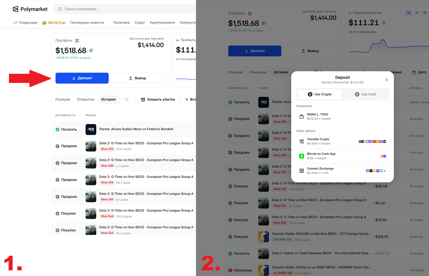 Polymarket: депозит и торговый баланс